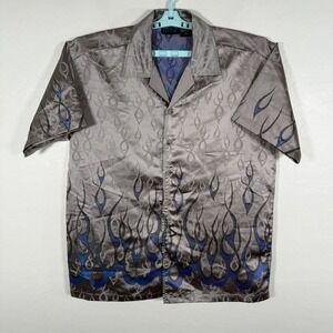 MT2 Shirt Mens Medium Silver Blue Button‎ Up Short Sleeve Flames Fire Y2K